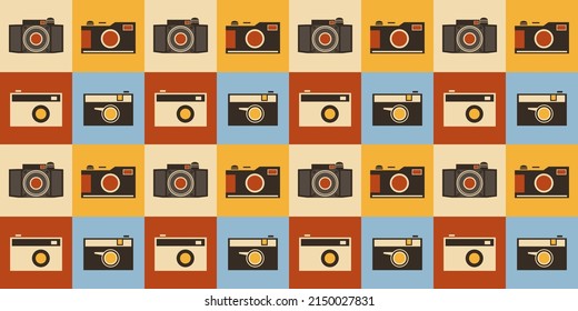 Set of Many Various Retro Style Cameras Pattern on Red, Brown and Blue Mosaic Background for Wallpaper, Wrapper, Placard, Poster, Cover Designs - Illustration in Editable Vector Format