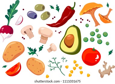 a set of many vegetables whole and cut into pieces. On a white background. Avocado, tomato, pepper, potatoes, dill, radish, parsley, hot red pepper.