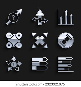 Set Many ways directional arrow, Pie chart infographic, Old hourglass with sand, Infographic element,  and Arrow icon. Vector