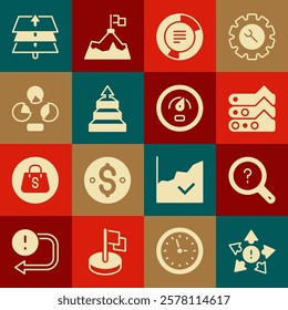 Set Many ways directional arrow, Unknown search, Graph, chart, diagram, Pie infographic, Pyramid infographics, Layers and Digital speed meter icon. Vector