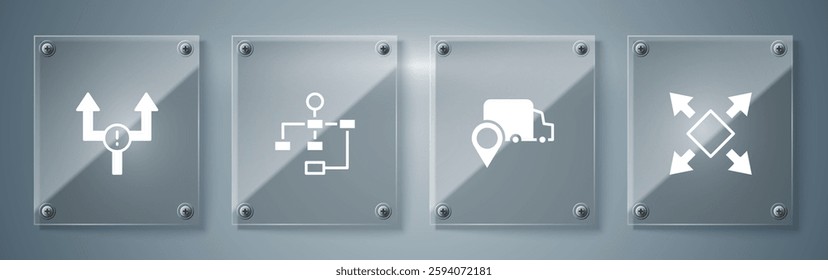 Set Many ways directional arrow, Delivery tracking, Hierarchy organogram chart and Arrow. Square glass panels. Vector