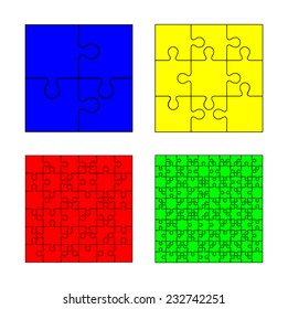 Set of many-colored blank jigsaw puzzle pattern (removable pieces). blue 2X2, yellow 3X3, red 6X6 and green color 12X12 piece puzzle. vector art image illustration, isolated on white background svg