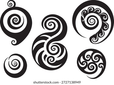 Set of Maori Polynesian style koru spiral swirls, icon minimalist style. Vector illustration. Isolated on transparent background.	
