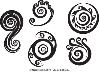 Set of Maori Polynesian style koru spirals, icon minimalist style. Vector illustration. Isolated on transparent background.	