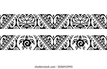 Set of maori polynesian tattoo bracelets border. Tribal sleeve seamless pattern vector. Samoan bracelet tattoo design fore arm or foot with sun face and turtle	
