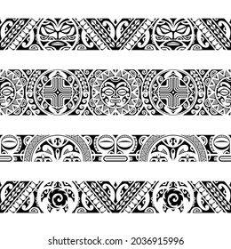 Set of maori polynesian tattoo bracelets border. Tribal sleeve seamless pattern vector. Samoan bracelet tattoo design fore arm or foot with sun face and turtle	
