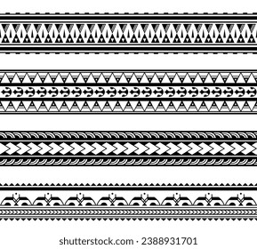 Set of maori polynesian tattoo bracelets border. Tribal sleeve seamless pattern vector. Samoan bracelet tattoo design fore arm or foot.