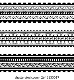 Set of Maori Polynesian tattoo bracelets border. Tribal sleeve seamless pattern vector. Samoan bracelet tattoo design fore arm or foot.  Gorizontal pattern