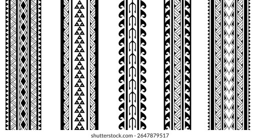 Set of Maori Polynesian tattoo bracelets border. Tribal sleeve seamless pattern vector. Samoan bracelet tattoo design fore arm or foot.  Vertical pattern