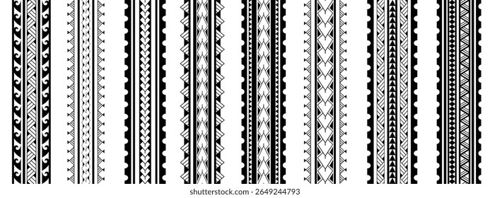 Set of Maori Polynesian tattoo bracelets border. Tribal sleeve seamless pattern vector. Samoan bracelet tattoo design fore arm or foot.  Vertical pattern
