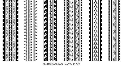 Set of Maori Polynesian tattoo bracelets border. Tribal sleeve seamless pattern vector. Samoan bracelet tattoo design fore arm or foot.  Vertical pattern