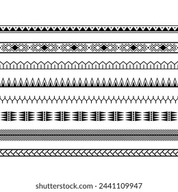 Set of maori polynesian tattoo line bracelets border. Tribal sleeve seamless pattern vector. Samoan bracelet tattoo design fore arm or foot.