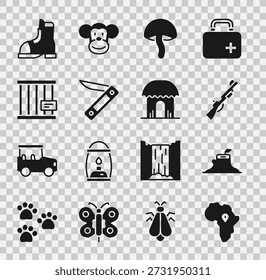 Set Karte von Afrika, Baumstumpf, Jagdgewehr, Pilz, Schweizer Taschenmesser, Tierkäfig, Jägerstiefel und afrikanisches Hüttensymbol. Vektorgrafik