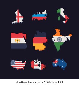 Set of map of different countries with flags, Russia, India, Germany, Egypt, USA, Italy, Canada, Australia,  England, pixel art icon, isolated vector illustration. 8-bit. Design for stickers, app.