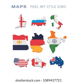 Set of map of different countries with flags, Russia, India, Germany, Egypt, USA, Italy, Canada, Australia, pixel art icon, isolated vector illustration. 8-bit. Design for stickers, app, magnet.