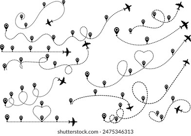 Set of map distance measuring icon. Editable icons of we moved. Moving office sign. Map, Home, route, GPS distance, roadmap, Airplane map, Aircraft map icon set. Blue Black Route location icon.	