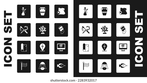 Set Map of Egypt, Coral, Crook and flail, Hookah, Nefertiti, Egyptian vase, Eye Horus on monitor and Papyrus scroll icon. Vector