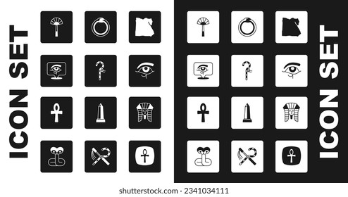 Set Map of Egypt, Crook, Eye Horus, Egyptian fan, Magic symbol Ouroboros, pharaoh and Cross ankh icon. Vector