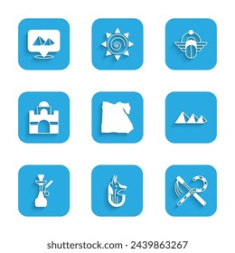 Set Map of Egypt, Egyptian anubis, Crook and flail, pyramids, Hookah, house, Scarab and  icon. Vector