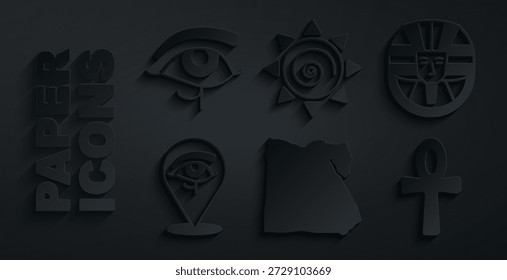 Mapa do Egito, faraó egípcio, Horus do olho, tornozelo cruzado, sol e ícone. Vetor