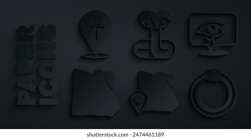 Set Map of Egypt, Eye Horus, Magic symbol Ouroboros, Snake and Cross ankh icon. Vector