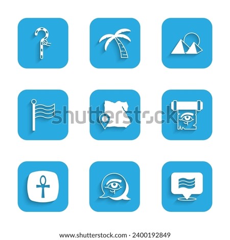 Set Map of Egypt, Eye Horus, Flag Of, on papyrus scroll, Cross ankh, pyramids and Crook icon. Vector