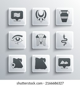 Set Map of Egypt, pyramids, Snake, Egyptian pharaoh, Eye Horus, Flag Of and vase icon. Vector