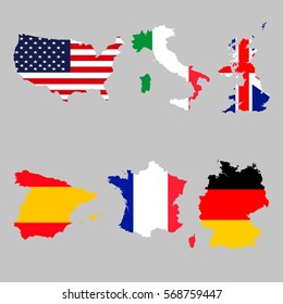 set of map flags Usa, Italy, United Kingdom, Spain, France, Germany