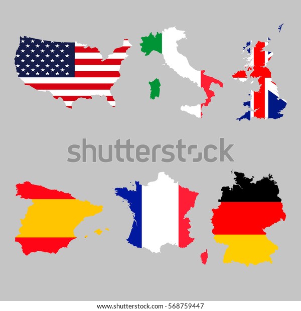 米国 イタリア 英国 スペイン フランス ドイツの地図の国旗のセット のベクター画像素材 ロイヤリティフリー