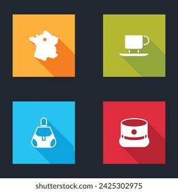 Set Mapa de Francia, Taza de café, Bolso y Kepi icono. Vector