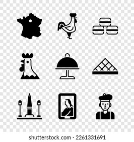 Set Map of France, French rooster, Macaron cookie, Place De La Concorde, Portrait in museum, man,  and Covered with tray icon. Vector