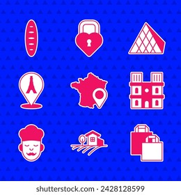 Set Map of France, Village landscape, Paper shopping bag, Notre Dame de Paris, Cook, Eiffel tower, Louvre glass pyramid and French baguette bread icon. Vector