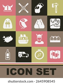 Set Map of Iceland, Norwegian wooden house, Northern lights, Socks, Albatross, Walrus animal, Viking in horned helmet and Mountains icon. Vector
