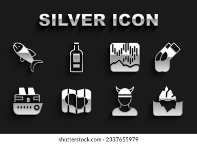 Set Map of Iceland, Socks, Iceberg, Viking head, Cruise ship, Northern lights, Fish and Bottle vodka icon. Vector