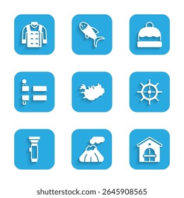 Set Map of Iceland, Volcano, Farm house, Ship steering wheel, Flashlight, Flag, Beanie hat and Sweater icon. Vector