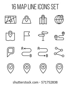 Set of map icons in modern thin line style. High quality black outline route symbols for web site design and mobile apps. Simple map pictograms on a white background.