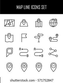 Set of map icons in modern thin line style. High quality black outline route symbols for web site design and mobile apps. Simple map pictograms on a white background.