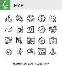 Set of map icons. Such as Tour guide, Network, Earth, Global warming, Straight, Globe, Russia, Atlas, Location, Compass, Global, World, Passport, Gps, Contact us, Website , map icons