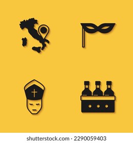 Set Map of Italy, Bottles wine, Pope and Carnival mask icon with long shadow. Vector