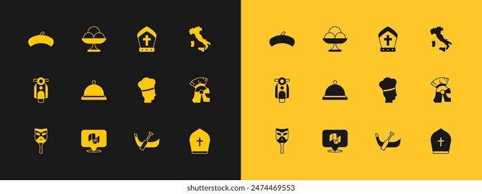 Set Map of Italy, Flag, Italian cook, Gondola boat, Covered with tray food, Pope hat, French beret and Ice cream in the bowl icon. Vector