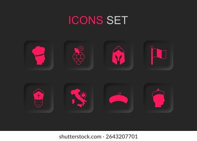Set Map of Italy, Grape fruit, Italian cook, French beret, Flag, man, Roman army helmet and Pope icon. Vector