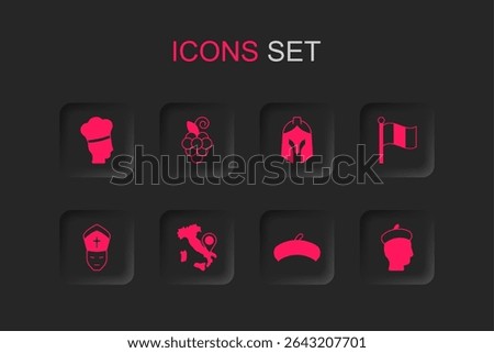 Set Map of Italy, Grape fruit, Italian cook, French beret, Flag, man, Roman army helmet and Pope icon. Vector