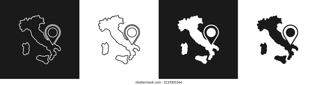 Fijar el icono del Mapa de Italia aislado en fondo blanco y negro.  Vector