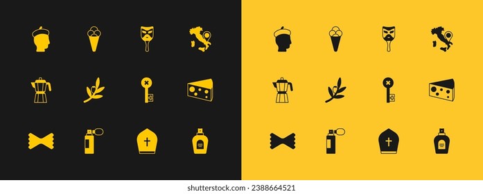 Set Map of Italy, Perfume, Old key, Pope hat, Olives branch, Carnival mask, French man and Ice cream in waffle icon. Vector