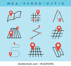 Set Of Map and Location Line Icons. Such Icons include topics such as land geolocation and position initialization on the map. Colorful location icon set. Editable Stroke. Logo, web application icons.