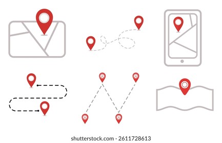 A set of map and location pin icons with various shapes and dotted lines, displayed on a light background. These images represent location, navigation, and map symbols