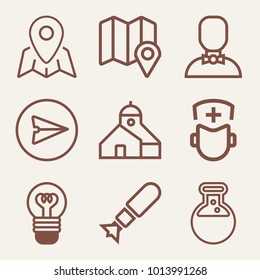 set of map location, waiter, chatting, send button, building, mosque, medical staff, nurse, light bulb, rocket, bomb, lab flask, lab tool vector icon