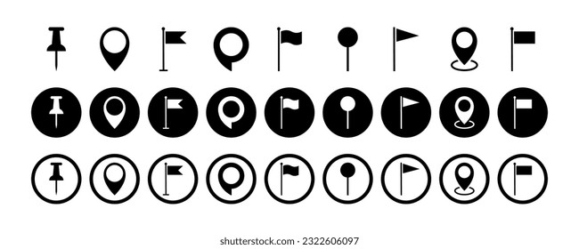 Set of map marker, location pin, pushpin and pointer flag. Navigation sign. Vector 10 Eps.