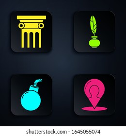 Set Map marker with a silhouette of a person, Law pillar, Bomb ready to explode and Feather and inkwell. Black square button. Vector