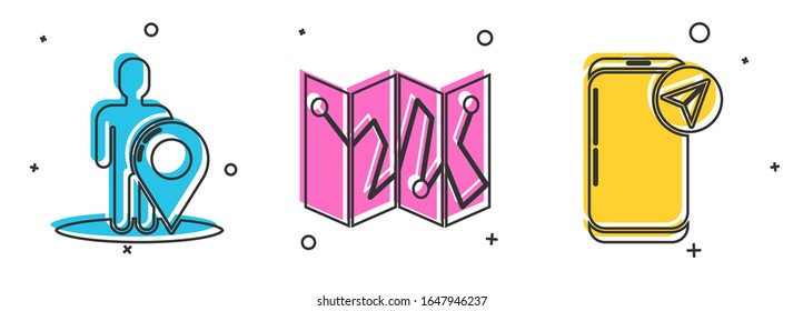 Set Map marker with a silhouette of a person, Folded map with location marker and Infographic of city map navigation icon. Vector